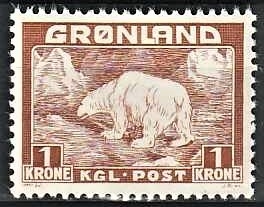 FRIMÆRKER GRØNLAND | 1938 - AFA 7 - Isbjørn - 1 kr. gulbrun - Postfrisk