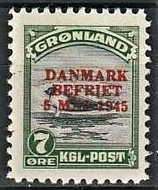FRIMÆRKER GRØNLAND | 1945 - AFA 19 - AMERIKANER UDGAVEN "DANMARK BEFRIET" - 7 øre grøn/grå - Postfrisk
