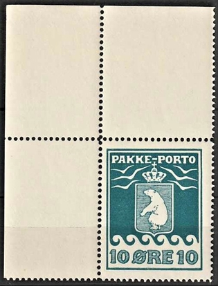 FRIMÆRKER GRØNLAND | 1915 - AFA 7 - PAKKEPORTO - 10 øre blå med øvre NV marginal - Postfrisk