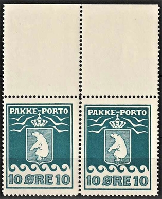 FRIMÆRKER GRØNLAND | 1915 - AFA 7 - PAKKEPORTO - 10 øre blå i par med marginalstykke - Postfrisk