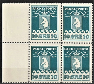FRIMÆRKER GRØNLAND | 1915 - AFA 7 - PAKKEPORTO - 10 øre blå i 4-blok med marginalstykke - Postfrisk