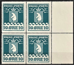 FRIMÆRKER GRØNLAND | 1915 - AFA 7 - PAKKEPORTO - 10 øre blå i 4-blok med marginalstykke - Postfrisk