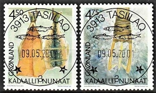 FRIMÆRKER GRØNLAND | 2001 - AFA 374,375 - Arv og kulur II. - 4,50 + 4,75 kr. flerfarvet - Lux stemplet