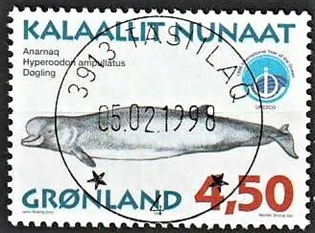 FRIMÆRKER GRØNLAND | 1998 - AFA 322 - Grønlandske hvaler III - 4,50 kr. matrød/flerfarvet - Lux stemplet