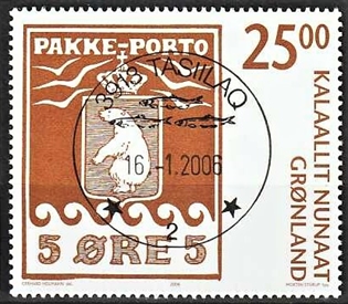 FRIMÆRKER GRØNLAND | 2005 - AFA 463 - Pakkeportomærkerne 100 år. - 25,00 kr. brun/hvid - Lux stemplet