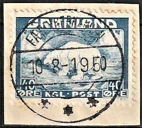 FRIMÆRKER GRØNLAND | 1946 - AFA 27 - Isbjørn - 40 øre blå på klip - Lux Stemplet