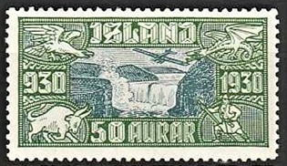 FRIMÆRKER ISLAND | 1930 - AFA 145 - Altingsjubilæum Luftpost - 50 aur grøn/blå - Postfrisk