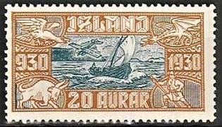 FRIMÆRKER ISLAND | 1930 - AFA 143 - Altingsjubilæum Luftpost - 20 aur blå/brun - Postfrisk