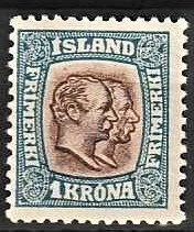 FRIMÆRKER ISLAND | 1907 - AFA 60 - Chr. IX og Frederik VIII - 1 kr. blå/brun tk. 12 3/4 - Postfrisk