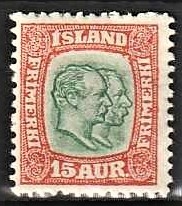 FRIMÆRKER ISLAND | 1907 - AFA 54 - Chr. IX og Frederik VIII - 15 eyr rød/grøn tk. 12 3/4 - Ubrugt 