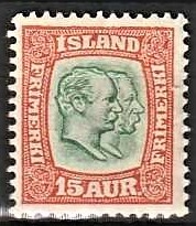 FRIMÆRKER ISLAND | 1907 - AFA 54 - Chr. IX og Frederik VIII - 15 eyr rød/grøn tk. 12 3/4 - Ubrugt 