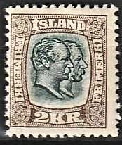 FRIMÆRKER ISLAND | 1907 - AFA 61 - Chr. IX og Frederik VIII - 2 kr. brun/grøn tk. 12 3/4 - Ubrugt 