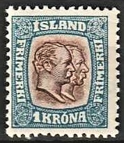 FRIMÆRKER ISLAND | 1907 - AFA 60 - Chr. IX og Frederik VIII - 1 kr. blå/brun tk. 12 3/4 - Ubrugt 