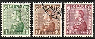 FRIMÆRKER ISLAND | 1937 - AFA 187-89 - Chr. X Sølvjubilæum - 10-40 aur - Stemplet
