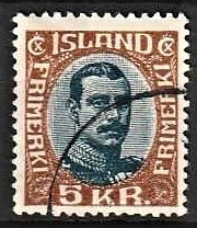 FRIMÆRKER ISLAND | 1920 - AFA 98 - Kong Christian X - 5 kr. lysbrun/blå - Stemplet