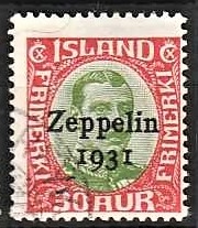 FRIMÆRKER ISLAND | 1931 - AFA 147 - Zeppelin - 30 aur grøn/rød Chr. X overtryk Zeppelin - Stemplet