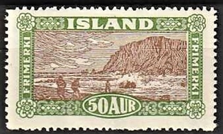 FRIMÆRKER ISLAND | 1925 - AFA 118 - Landskabsserie - 50 aur grøn/brun - Ubrugt 