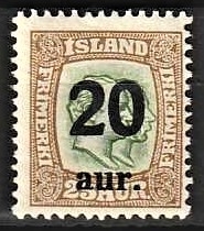 FRIMÆRKER ISLAND | 1921-22 - AFA 108 - Provisorier - 20/25 aur brun/grøn - Ubrugt