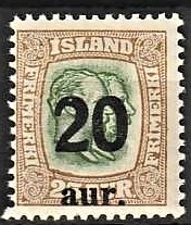 FRIMÆRKER ISLAND | 1921-22 - AFA 108 - Provisorier - 20/25 aur brun/grøn - Ubrugt