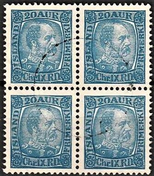 FRIMÆRKER ISLAND | 1902-04 - AFA 41 - Kong Chr. IX - 20 aur blå i 4-blok - Stemplet