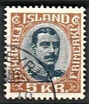 FRIMÆRKER ISLAND | 1920 - AFA 98 - Kong Christian X - 5 kr. lysbrun/blå - Stemplet