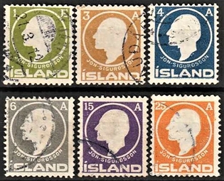 FRIMÆRKER ISLAND | 1911 -  AFA 63-68 - Jòn Sigurdsson - 1 eyr - 25 aur i komplet sæt - Stemplet