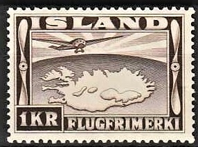 FRIMÆRKER ISLAND | 1934 - AFA 179 - Luftpost - 1 kr. mørkbrun tk. 12 ½ - Ubrugt