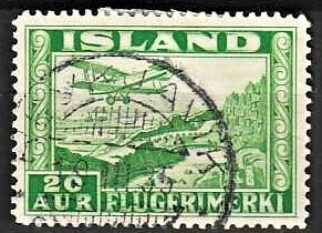 FRIMÆRKER ISLAND | 1934 - AFA 176 - Luftpost - 20 aur grøn tk. 14 - Stemplet
