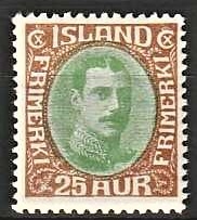 FRIMÆRKER ISLAND | 1931-33 - AFA 162 - Kong Christian X - 25 øre brun/grøn - Ubrugt