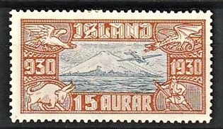 FRIMÆRKER ISLAND | 1930 - AFA 142 - Altingsjubilæum Luftpost - 15 aur brun/blå - Ubrugt