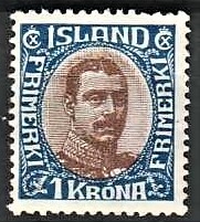 FRIMÆRKER ISLAND | 1920 - AFA 96 - Kong Christian X - 1 kr. blå/brun - Ubrugt