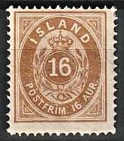 FRIMÆRKER ISLAND | 1875-76 - AFA 9 - 16 aur brun tk. 14 - Postfrisk