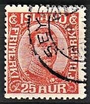 FRIMÆRKER ISLAND | 1921-22 - AFA 102 - Kong Christian X - 25 øre rød - Stemplet