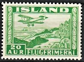 FRIMÆRKER ISLAND | 1934 - AFA 176 - Luftpost - 20 aur grøn tk. 14 - Postfrisk