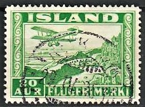 FRIMÆRKER ISLAND | 1934 - AFA 176 - Luftpost - 20 aur grøn tk. 14 - Stemplet