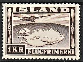 FRIMÆRKER ISLAND | 1934 - AFA 179 - Luftpost - 1 kr. mørkbrun tk. 12 ½ - Postfrisk