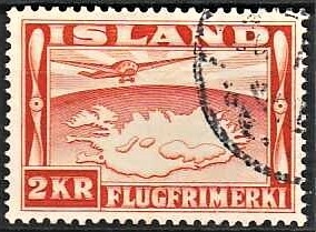 FRIMÆRKER ISLAND | 1934 - AFA 180 - Luftpost - 2 kr. rødorange tk. 12 ½ - Stemplet