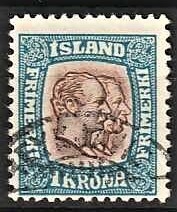 FRIMÆRKER ISLAND | 1907 - AFA 60 - Chr. IX og Frederik VIII - 1 kr. blå/brun tk. 12 3/4 - Stemplet