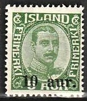 FRIMÆRKER ISLAND | 1921-22 - AFA 106 - Provisorier - 10/5 aur grøn - Postfrisk