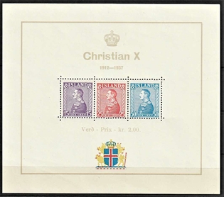 FRIMÆRKER ISLAND | 1937 - AFA 190-92 - Chr. X Sølvjubilæum - 15-50 aur sammentryk i miniark - Postfrisk