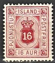 FRIMÆRKER ISLAND | 1876-95 - AFA 6 - Tjeneste - 16 aur karmin tk. 14 - Ubrugt 