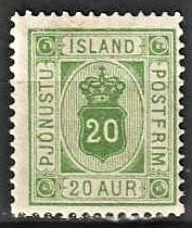 FRIMÆRKER ISLAND | 1876-95 - AFA 7 - Tjeneste - 20 aur grøn tk. 14 - Ubrugt 