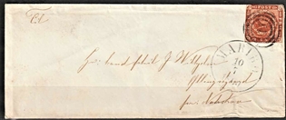 FRIMÆRKER DANMARK | 1854-57 - AFA 4 - 4 Skilling brun på brev - Stemplet Maribo