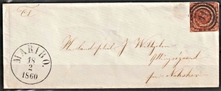 FRIMÆRKER DANMARK | 1854-57 - AFA 4 - 4 Skilling brun på brev - Flot Stemplet Maribo