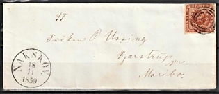 FRIMÆRKER DANMARK | 1858-62 - AFA 7 - 4 Skilling brun på brev - Flot Stemplet Nakskov