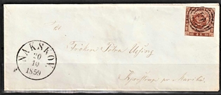 FRIMÆRKER DANMARK | 1858-62 - AFA 7 - 4 Skilling brun på brev - Flot Stemplet Nakskov