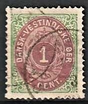 FRIMÆRKER DVI | 1873-1902 - AFA 5 | 1 cent grøn/rødbrun - Stemplet