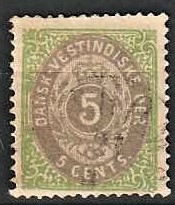 FRIMÆRKER DVI | 1876-1901 - AFA 10 | 5 cents grøn/grå - Stemplet
