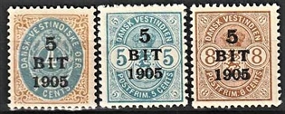 FRIMÆRKER DVI | 1905 - AFA 33-35 | 5 BIT provisorier komplet sæt - Ubrugt