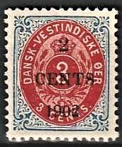 FRIMÆRKER DVI | 1902 - AFA 18By | 2 CENTS/3 c. blå/rød provisorium - Postfrisk
